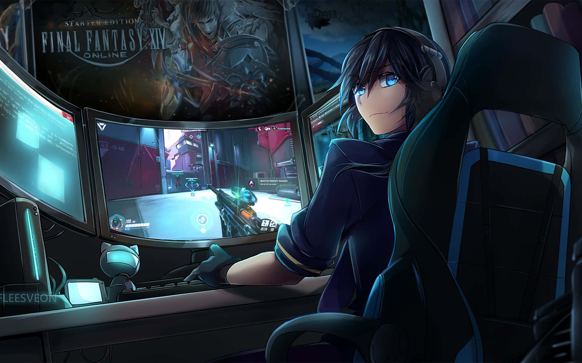 Download Triple Monitor Setup Gaming Anime HD Wallpaper