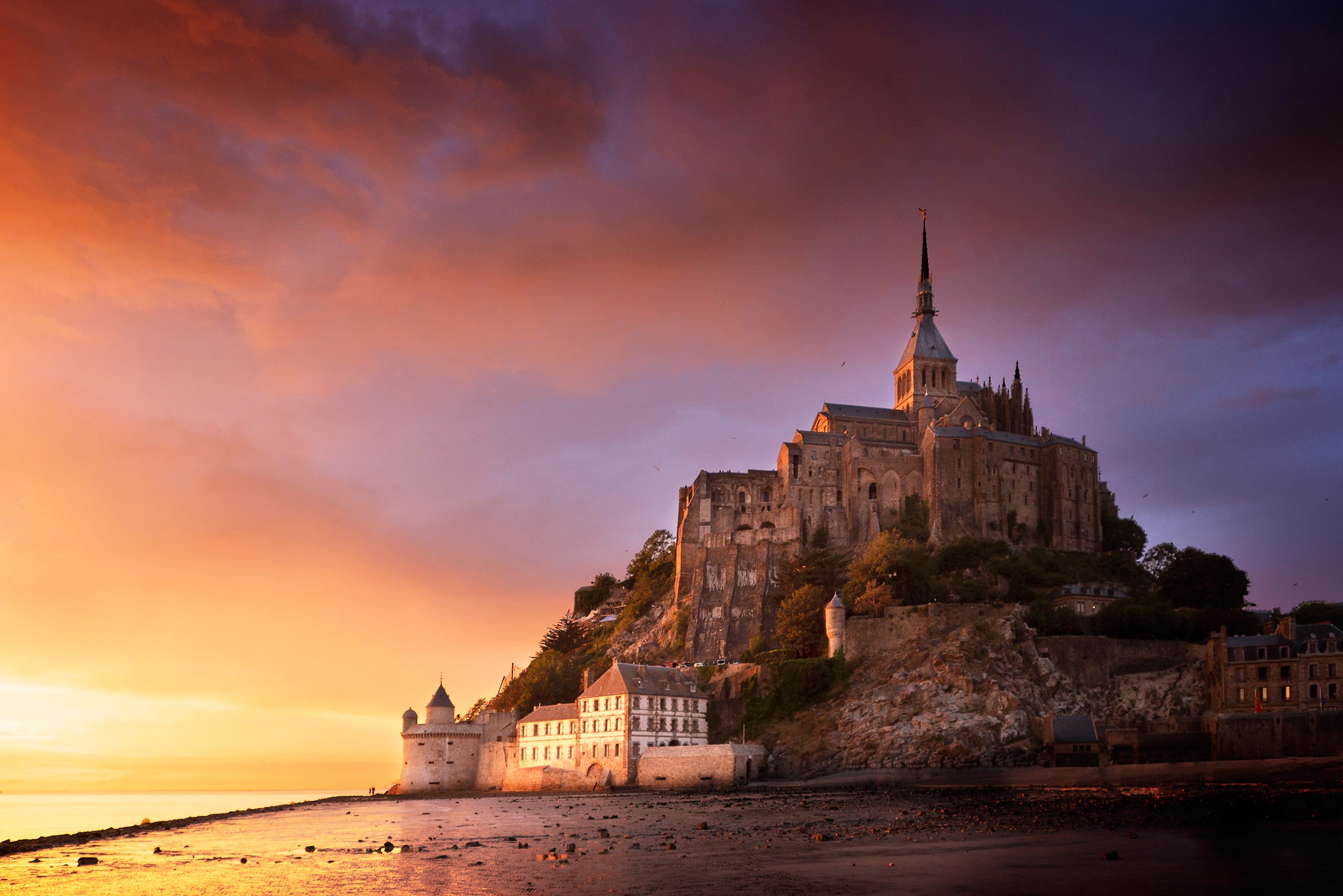 Wallpaper Sunset, Rocks, France, Fortress, France, Normandy, Normandy, Mont Saint Michel For Mobile And Desktop, Section пейзажи, Resolution 2048x1366