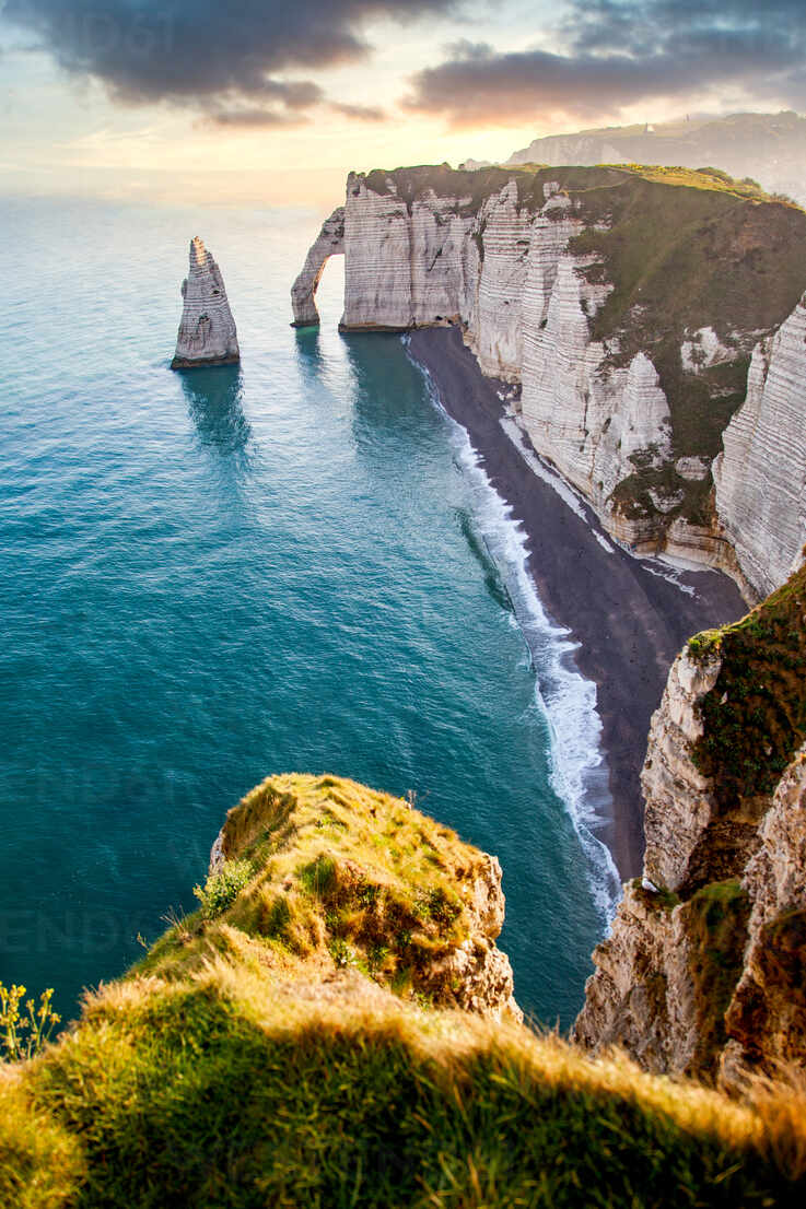 Les Falaises (cliffs) of Etretat at sunrise, Etretat, Normandy, France, Europe