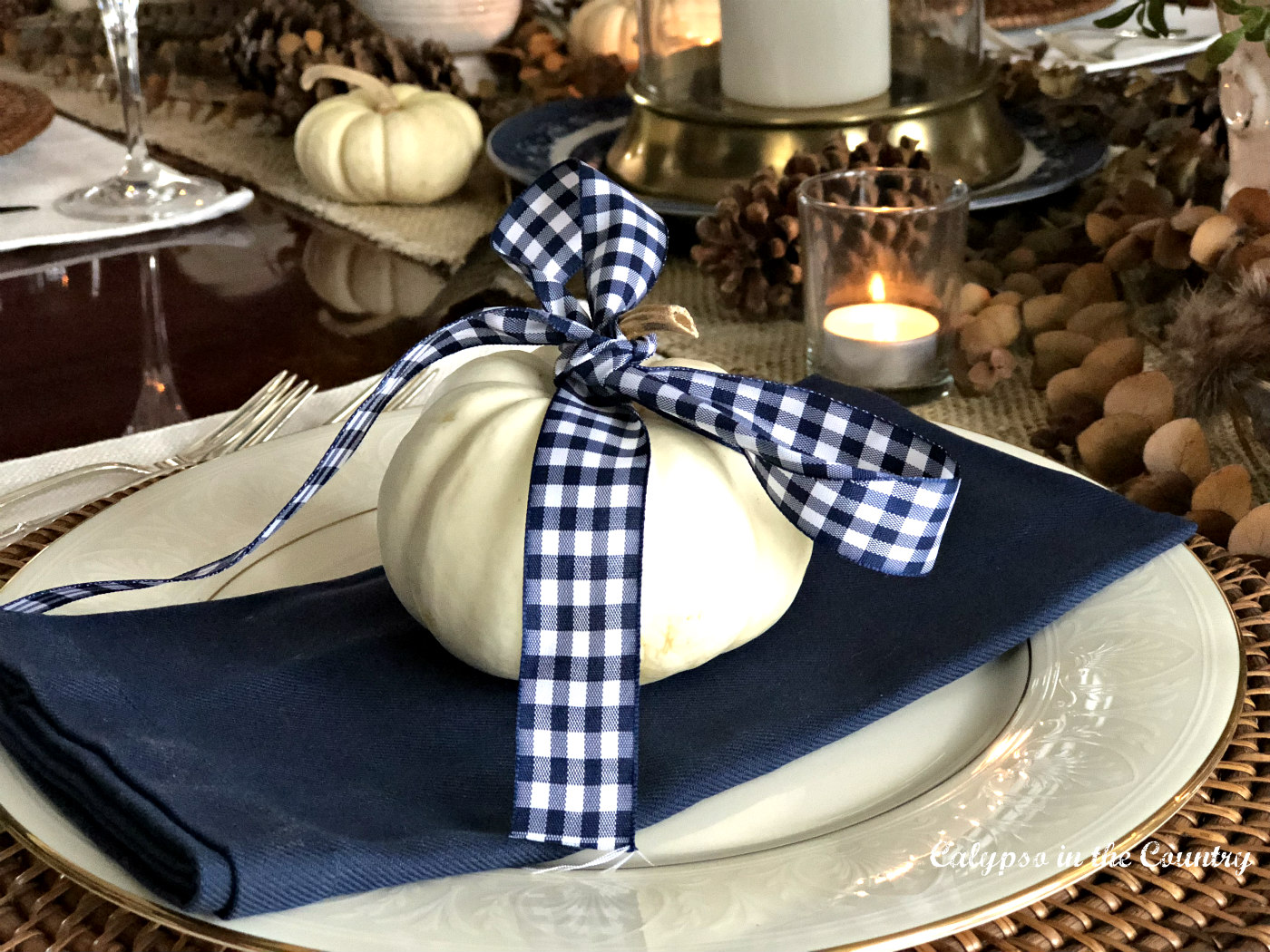 Thanksgiving Table Setting in a Navy Dining Room in the Country