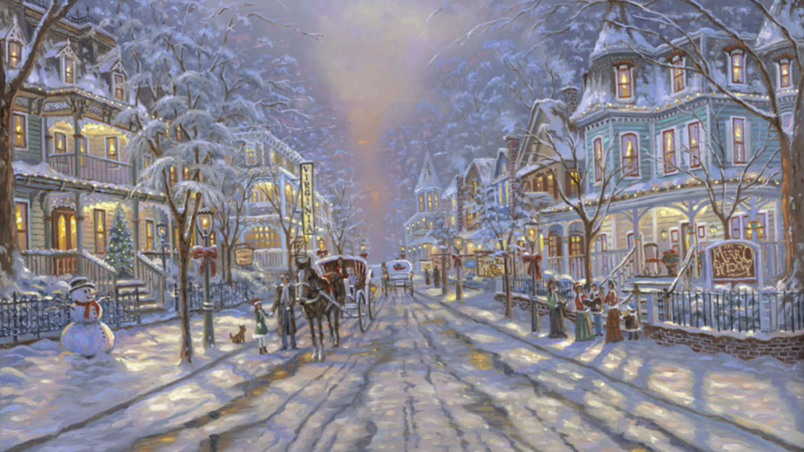 Download A Painting Of A Snowy Street With A Horse Drawn Carriage Wallpaper