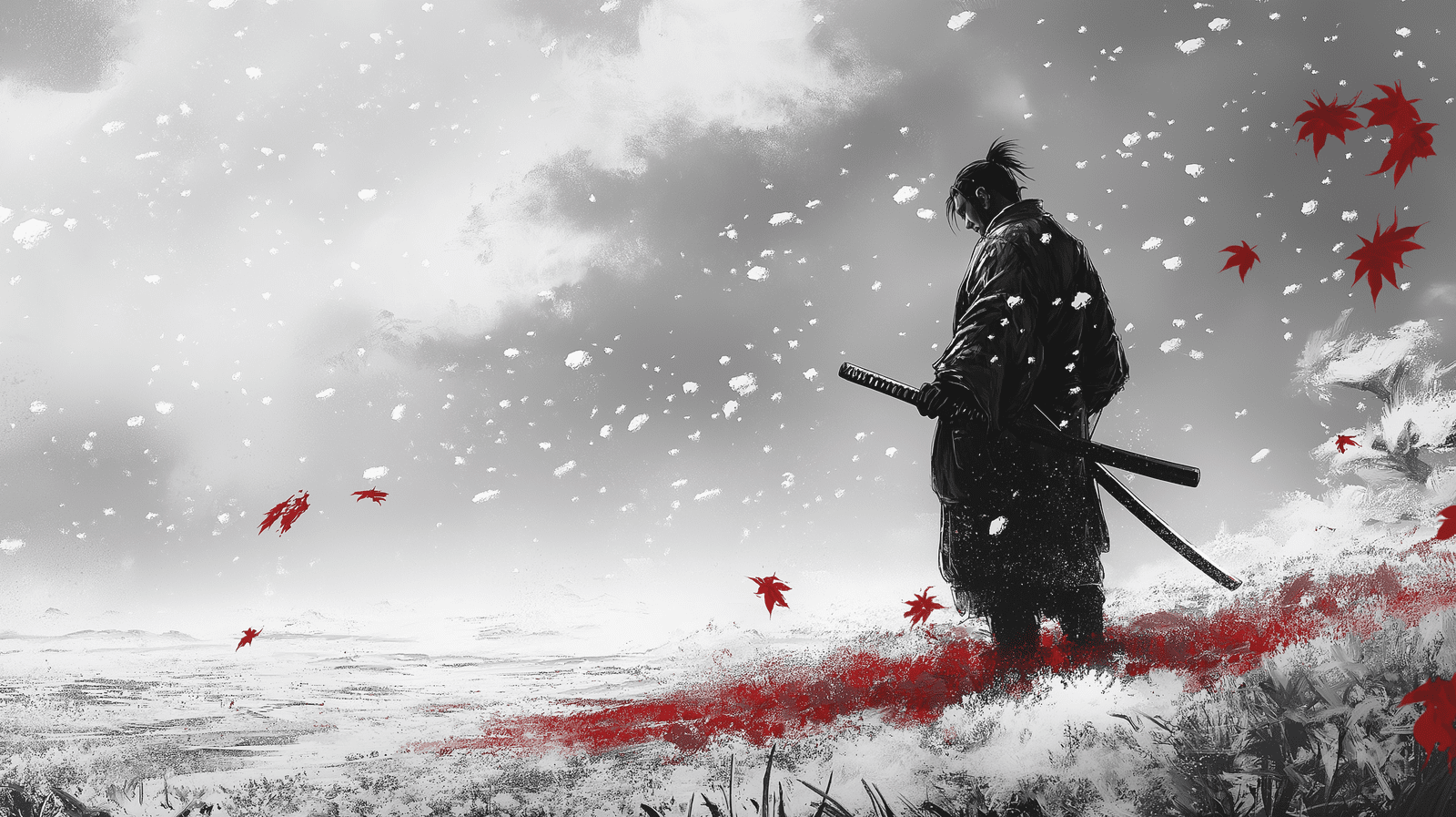 Mural Wallpaper samurai. Majestic silhouette in a winter landscape