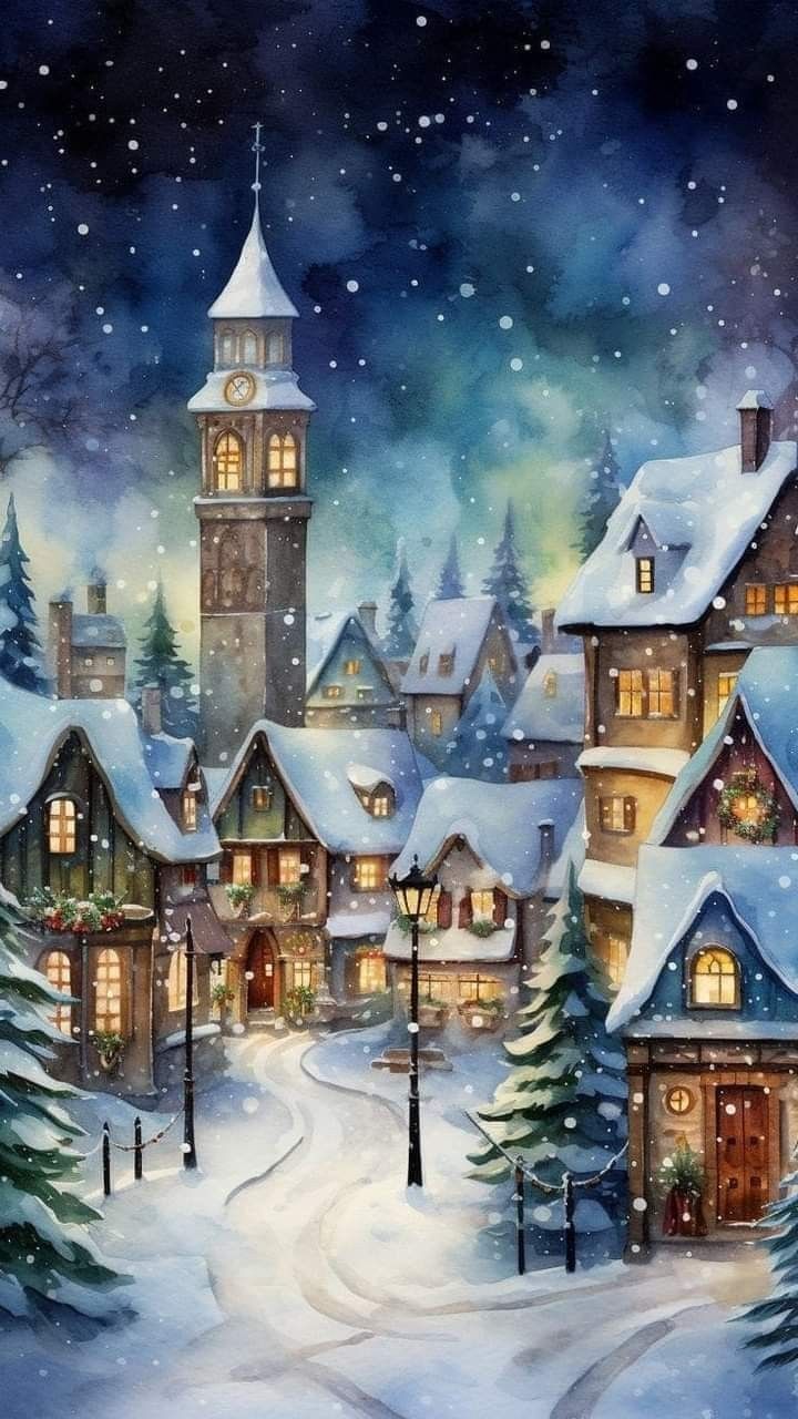 Natale vintage. Christmas scenes, Christmas illustration, Easy landscape paintings