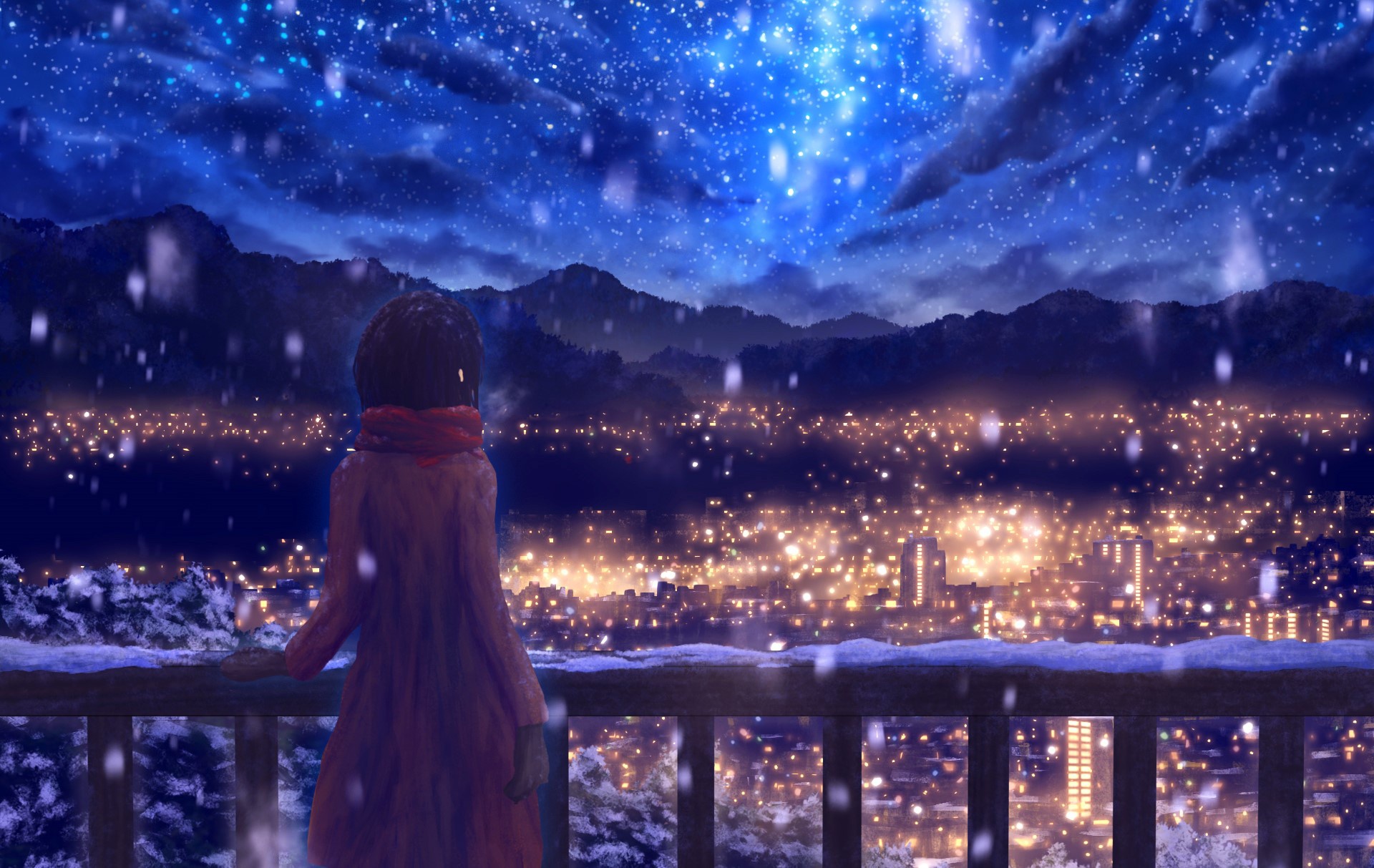 Winter Night Dreams: Anime Girl Gazes Over Snowy Mountain Cityscape in HD