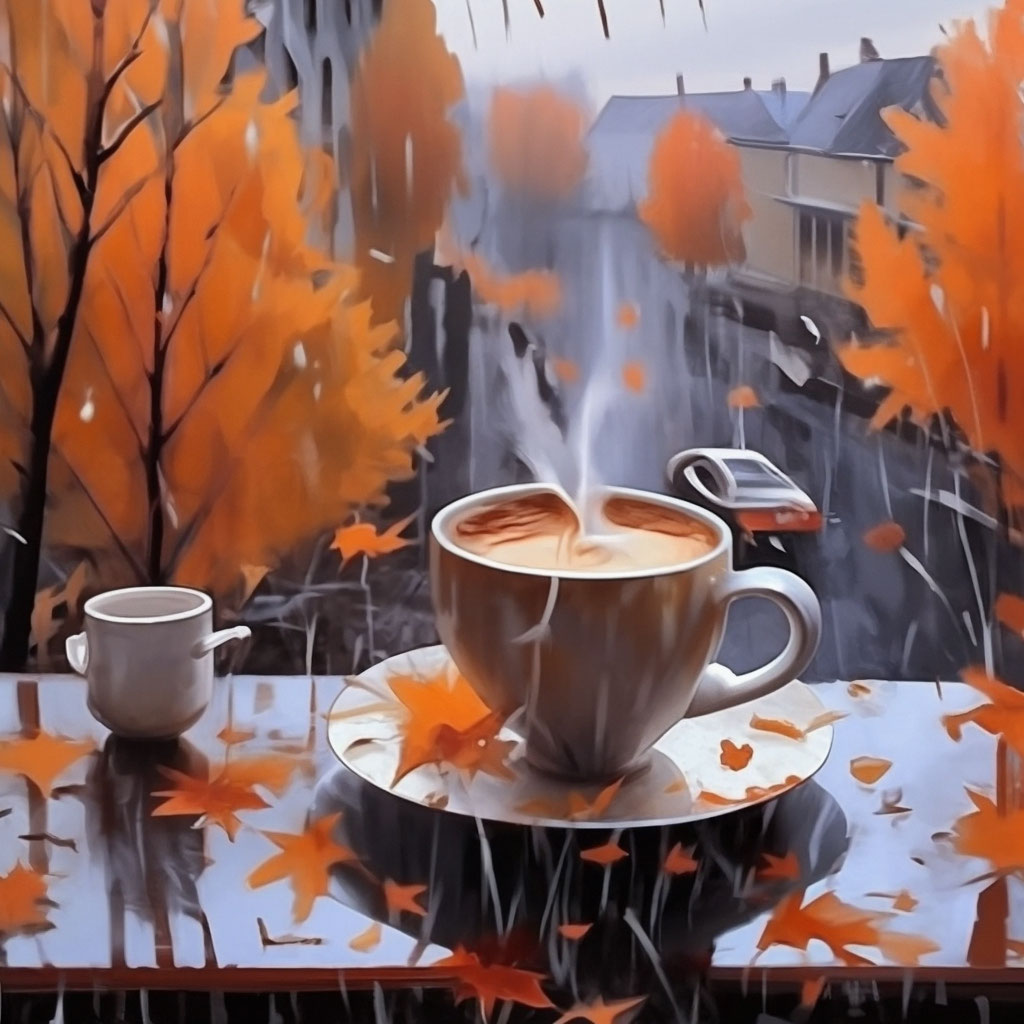 Coffee, morning, autumn, rain, good morning, art