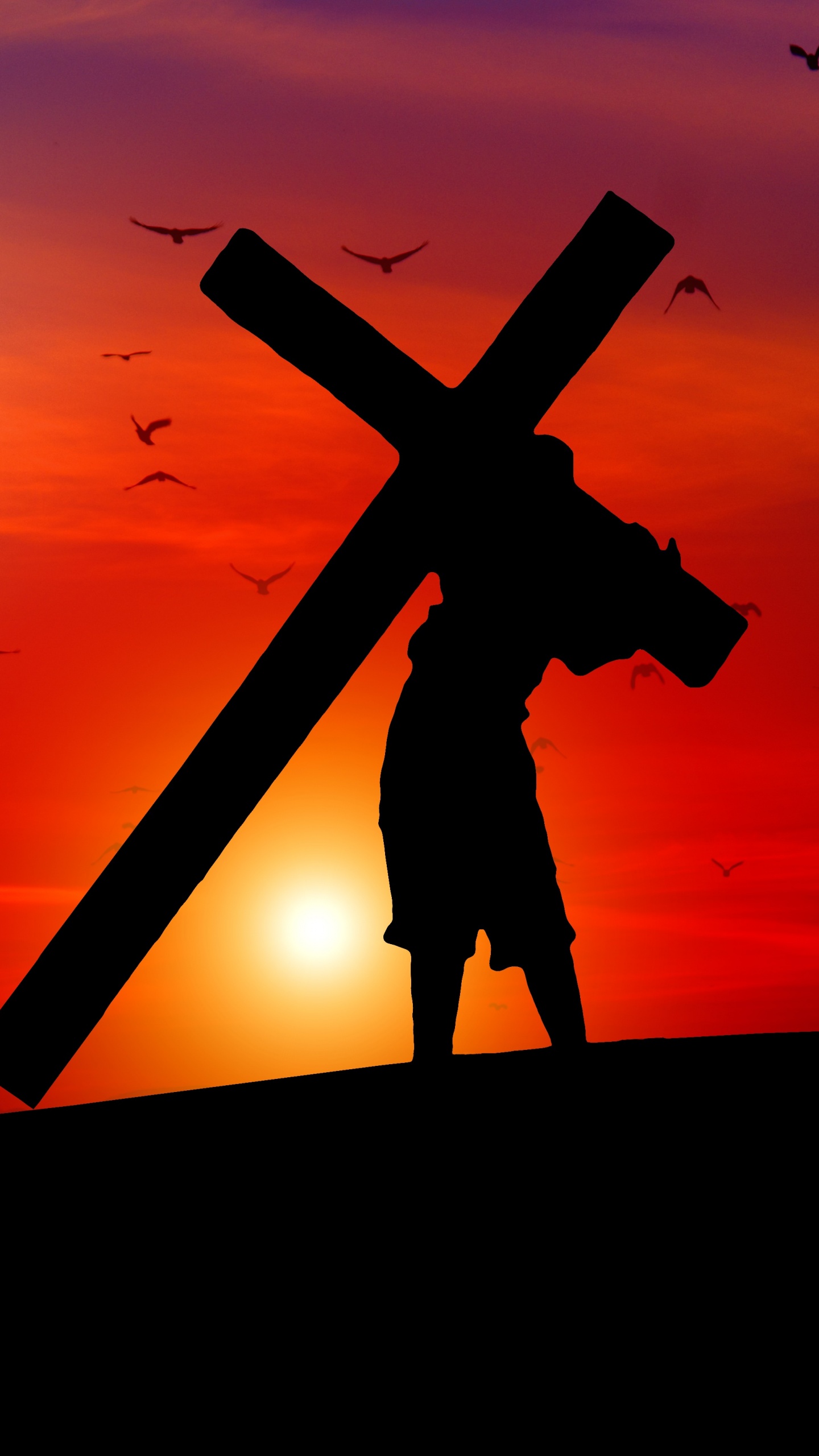 Jesus Cross Wallpaper 4K, Sunset, Orange sky, Silhouette