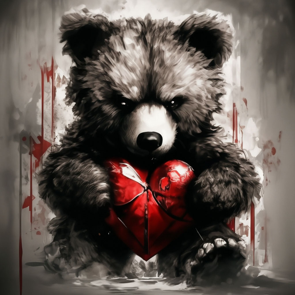 Tattoo sketch, Teddy bear with a broken heart in his hands, black and white