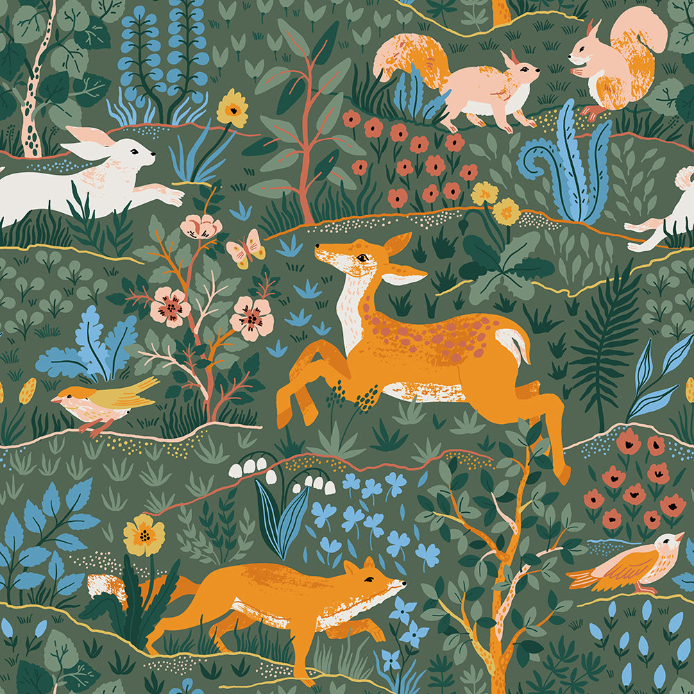 Green Forest Animal Wallpaper with Deer, Fox & Birds