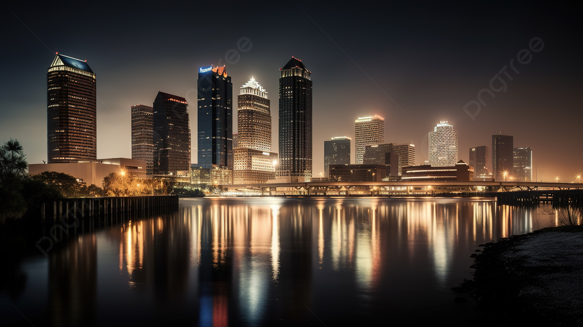 Tampa City Skyline At Night With Reflection As It Flows Over Water Background, Picture Of Tampa Bay, Florida, Usa Background Image And Wallpaper for Free Download