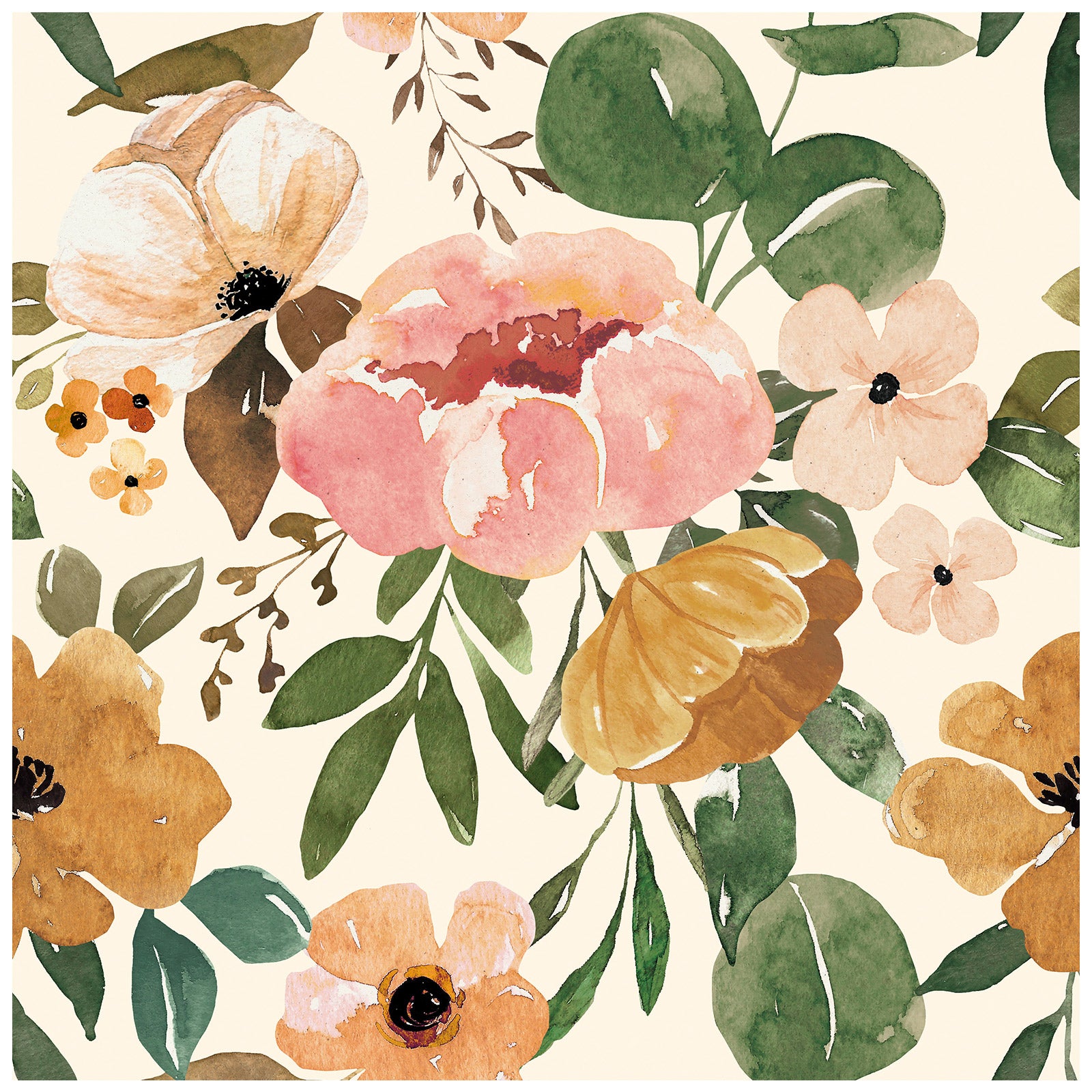 Vintage Watercolor Floral Wallpaper. Nature Inspired Bohemian Design