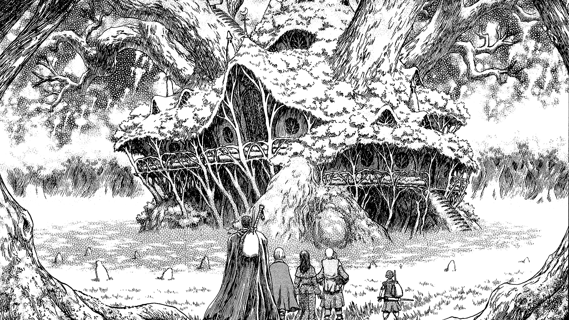 Berserk HD Wallpaper: Guts, Casca, Farnese, Serpico, and Isidro in Epic Landscape