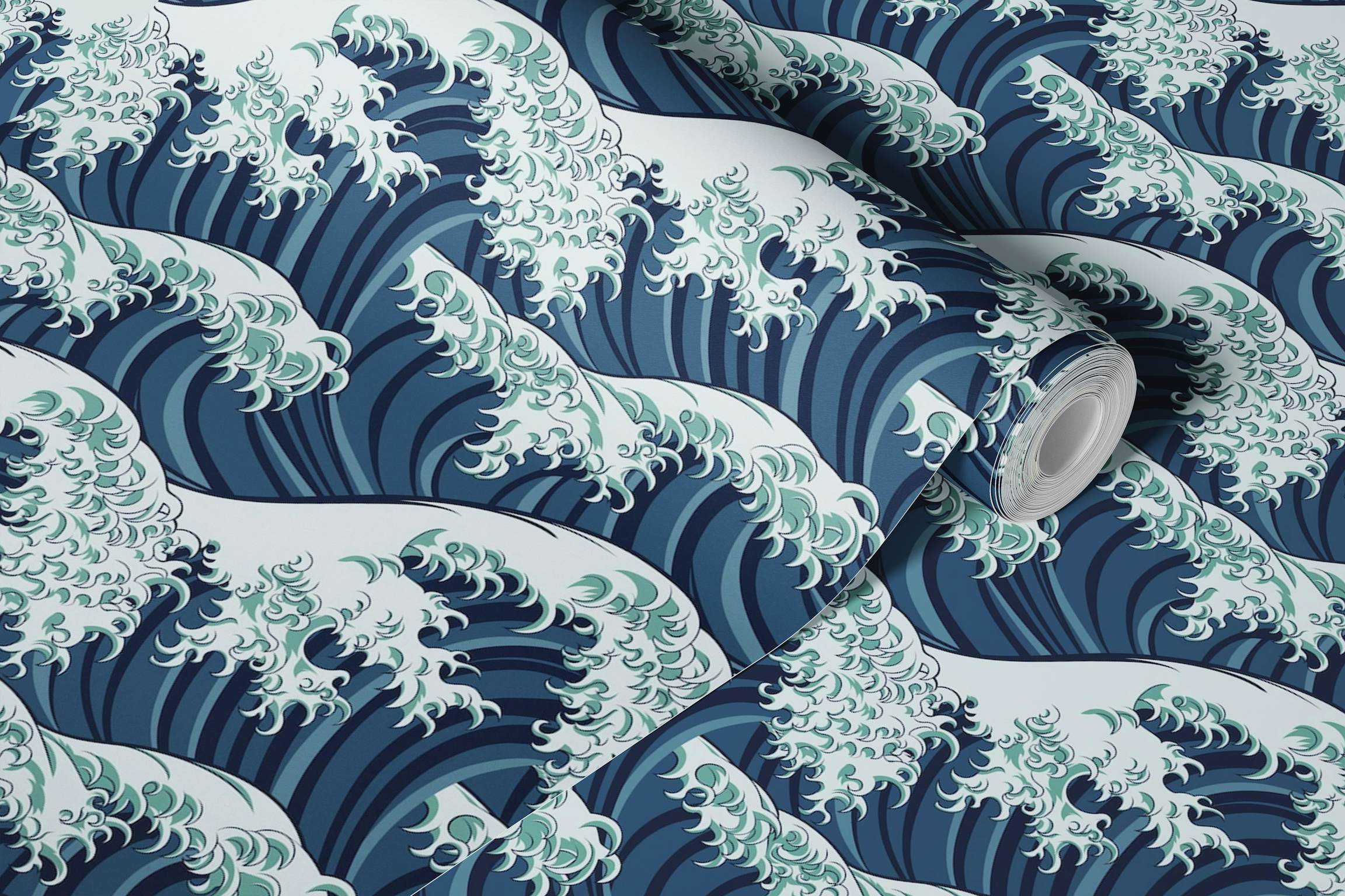 Japanese Wave Pattern Blue Wallpaper