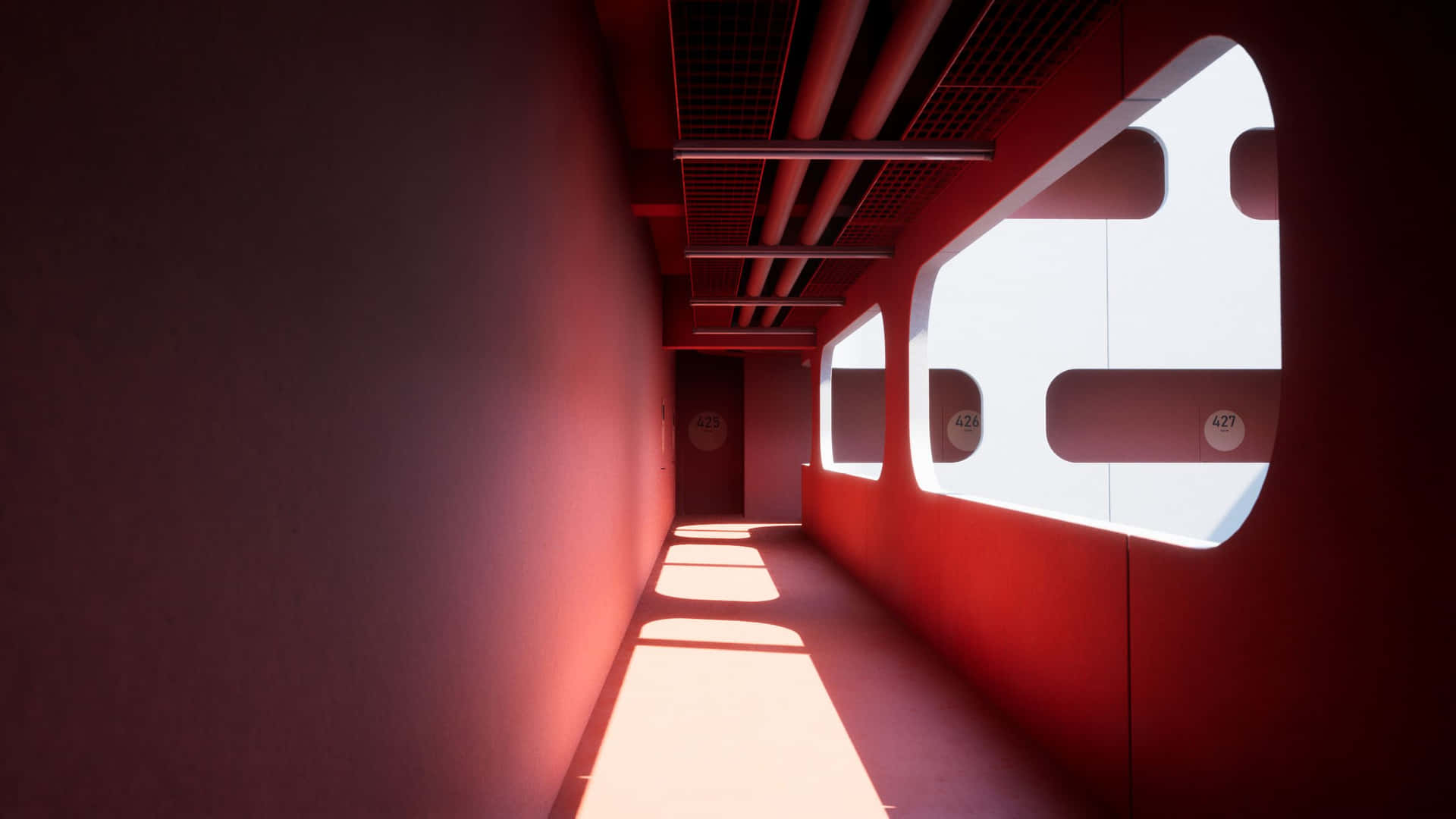 Download Red Hued Corridor Liminal Space Wallpaper