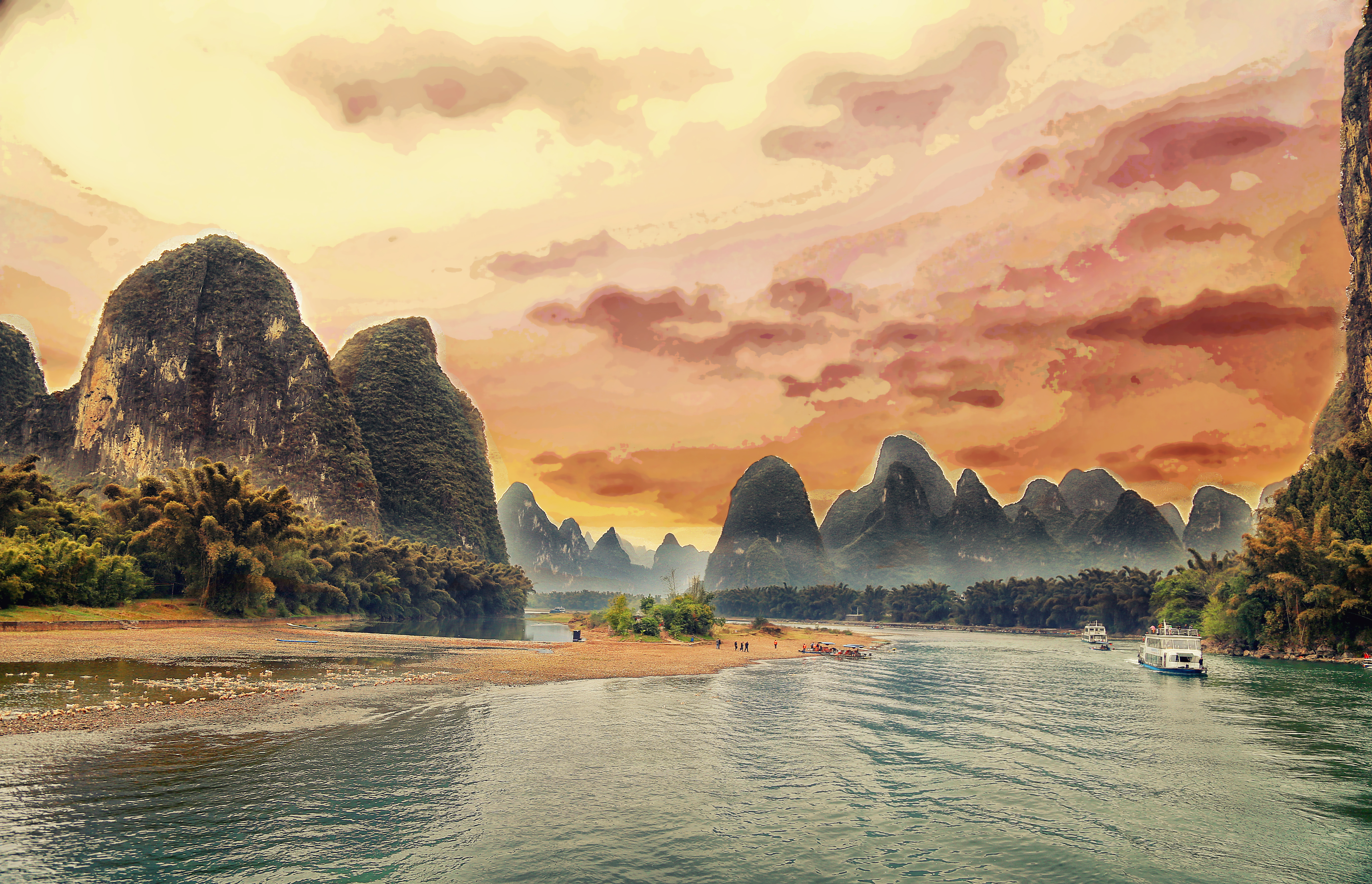 Serene Sepia: 4K Ultra HD Landscape of Yangshuo's Li River