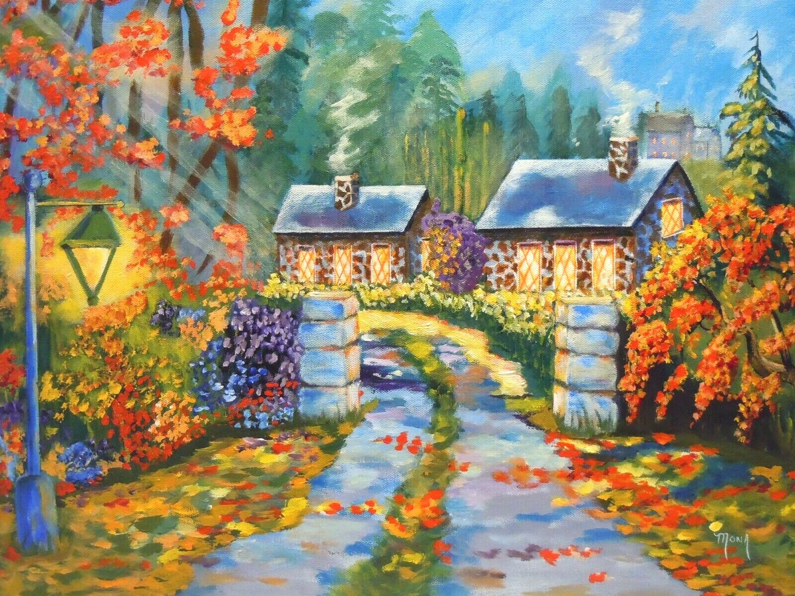 COTTAGE FLOWERS AUTUMN ACRYLIC PAINTING 18 X 24 GALLERY WRAPPED CANVAS
