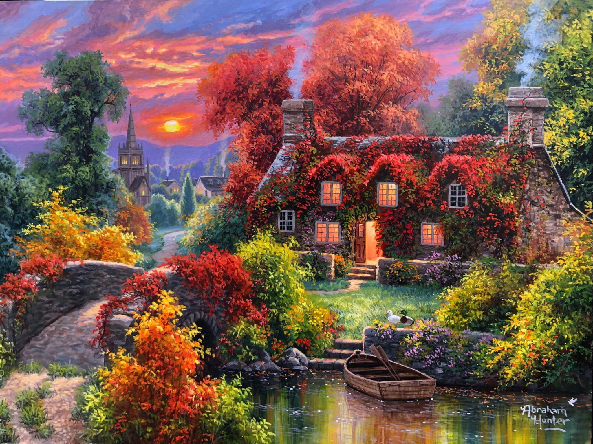 Wallpaper autumn, water, sunset, bridge, nature, boat, duck, home for mobile and desktop, section живопись, resolution 2048x1534