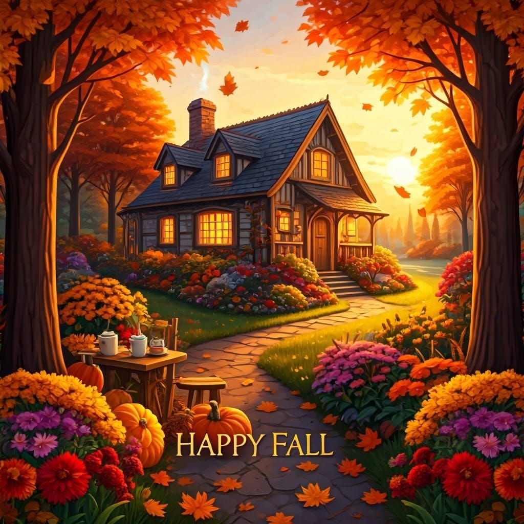 Autumn Cottage Scene with Golden Leaves and Greeti