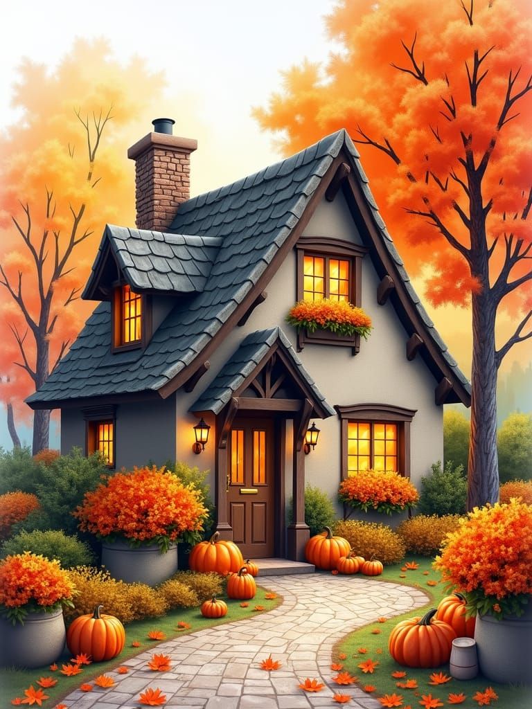 Cozy Autumn Cottage Watercolor Illustration