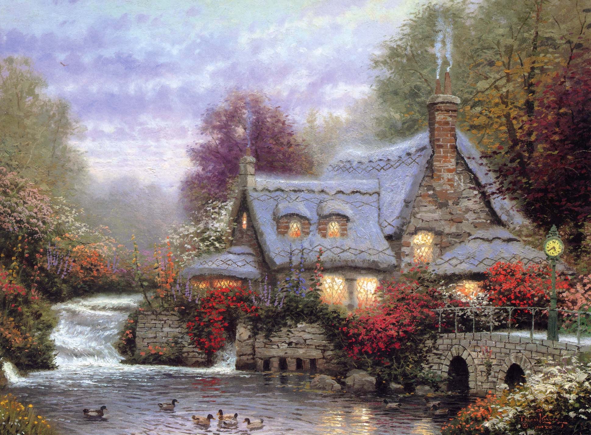 Wallpaper flowers, comfort, river, heat, duck, the evening, haze, house for mobile and desktop, section живопись, resolution 1940x1428