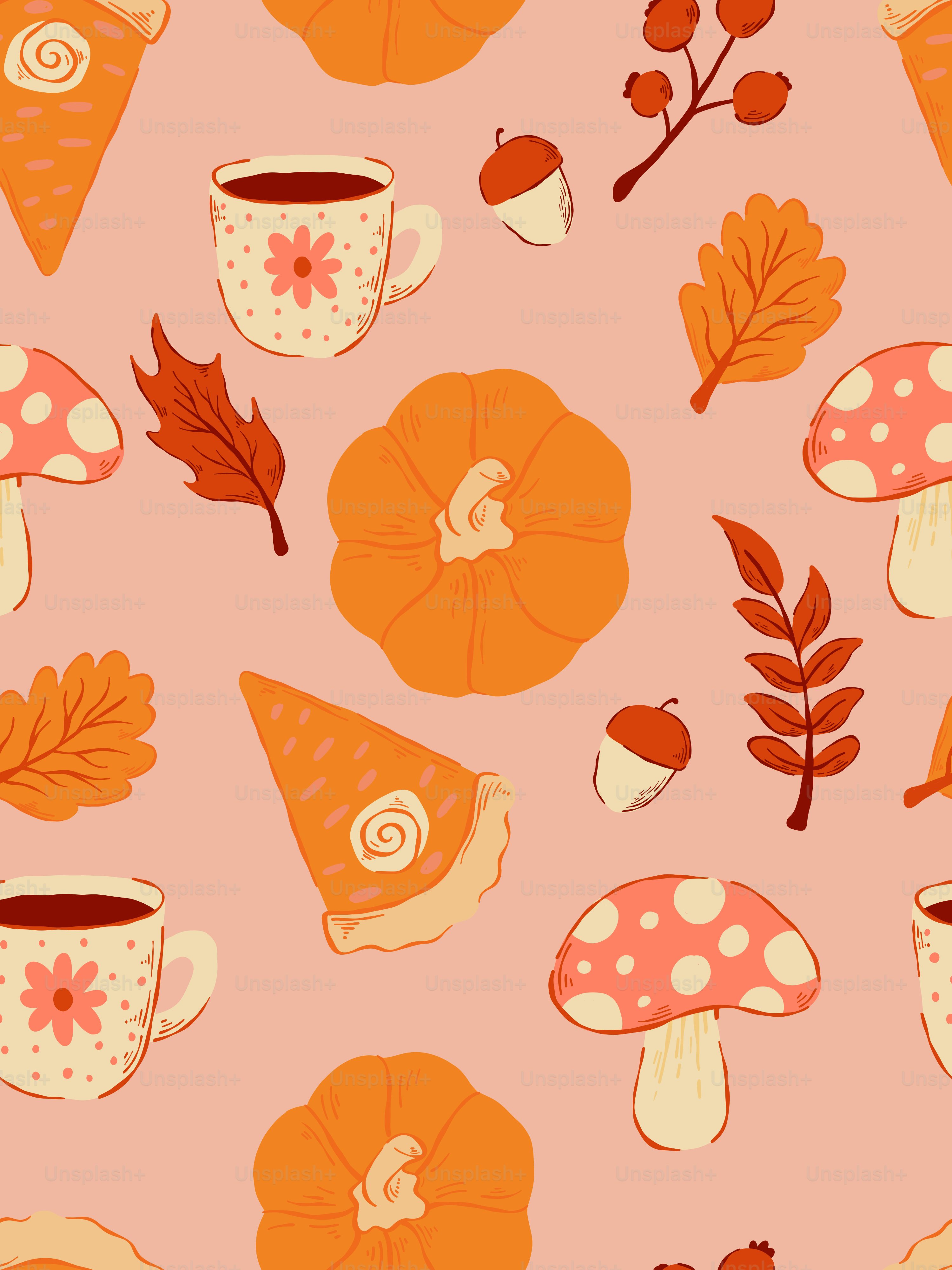 Autumn pattern with pumpkins, pies, and mushrooms. vector