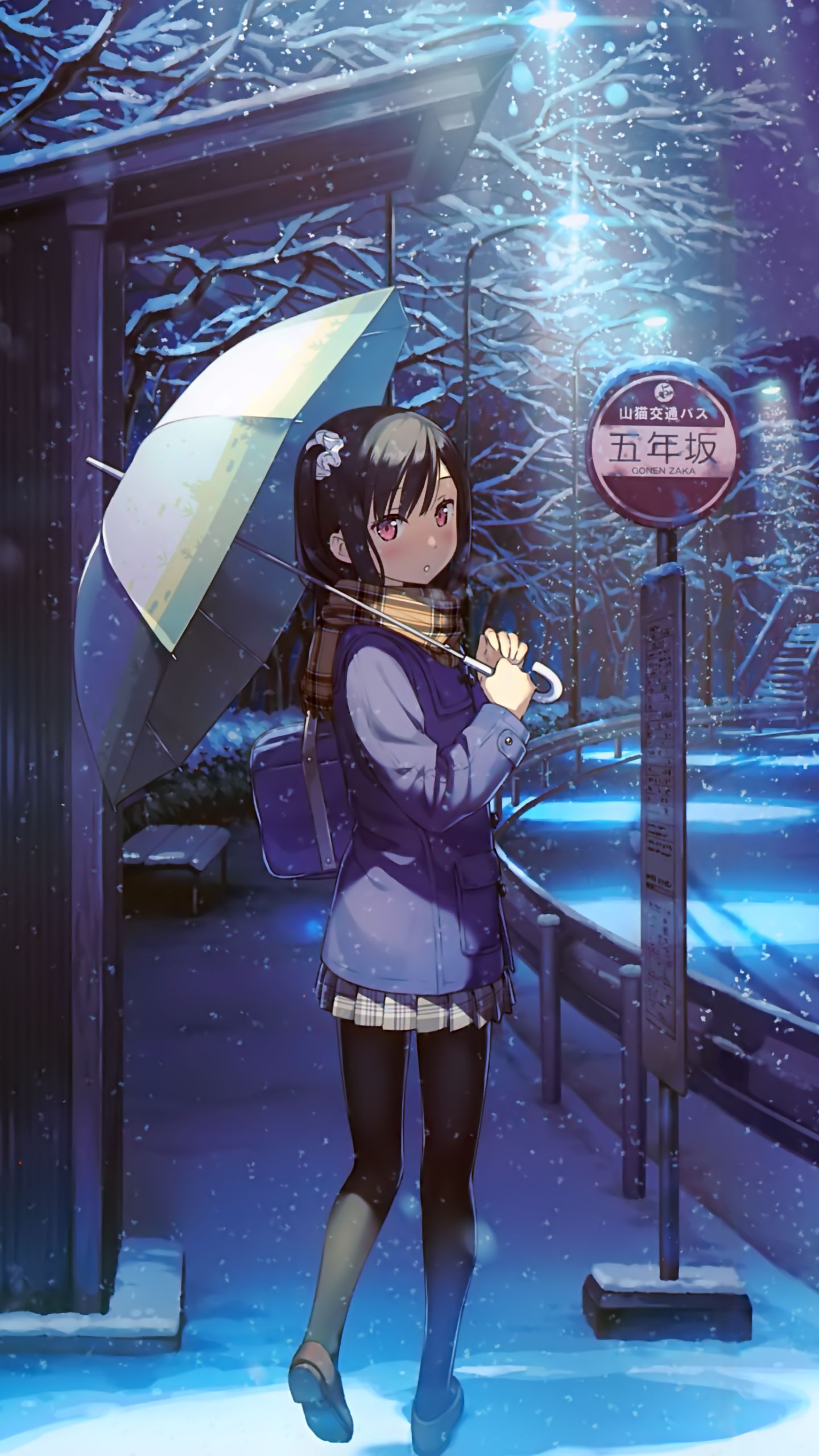 Phone wallpaper: Anime, Winter, Bag, Snow, Snowfall, Umbrella, Scarf, Brown Hair, Bus Stop, Short Hair, Night 1352188