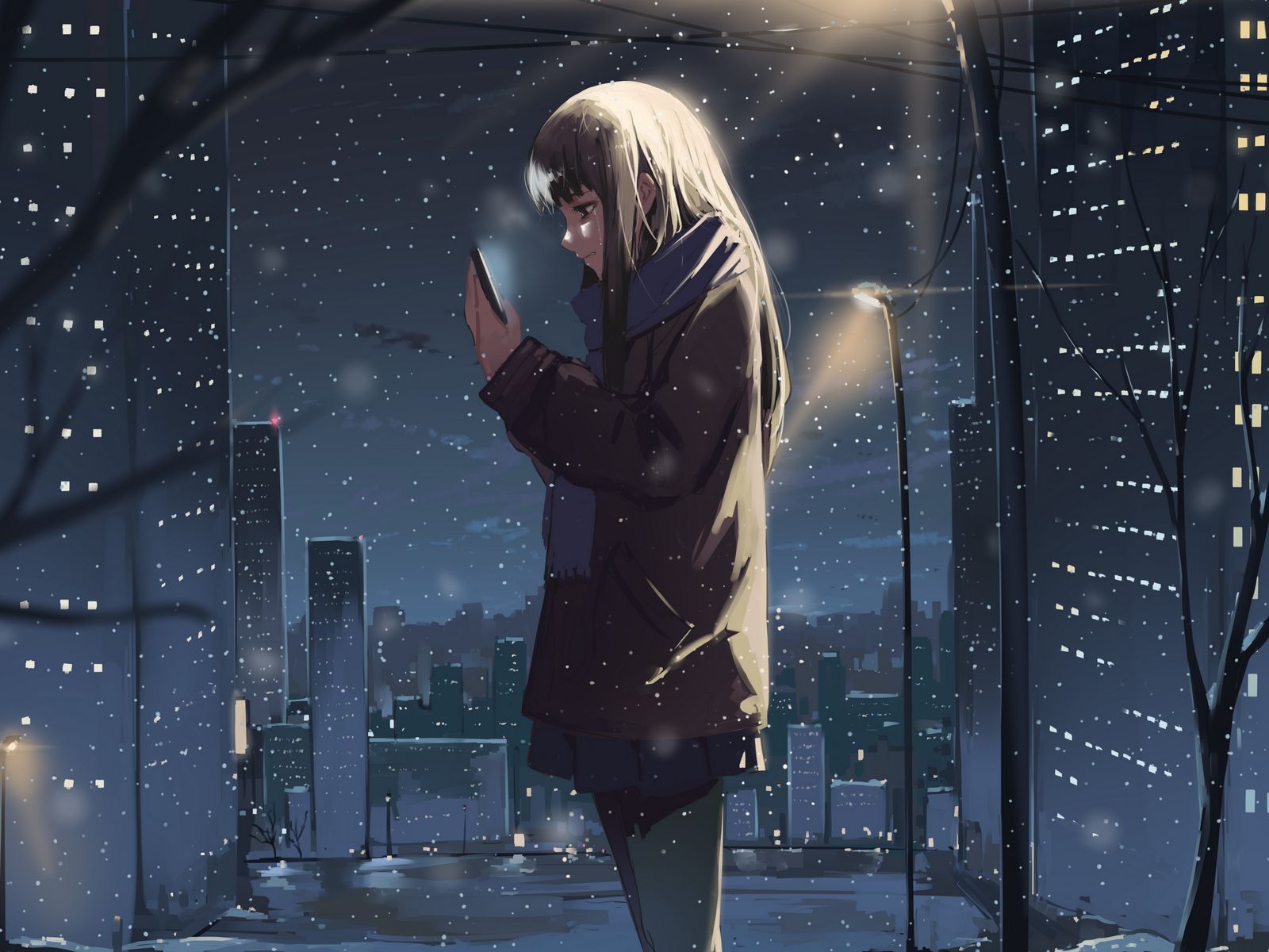 Download wallpaper 1600x1200 girl, phone, snow, winter, anime standard 4:3 HD background