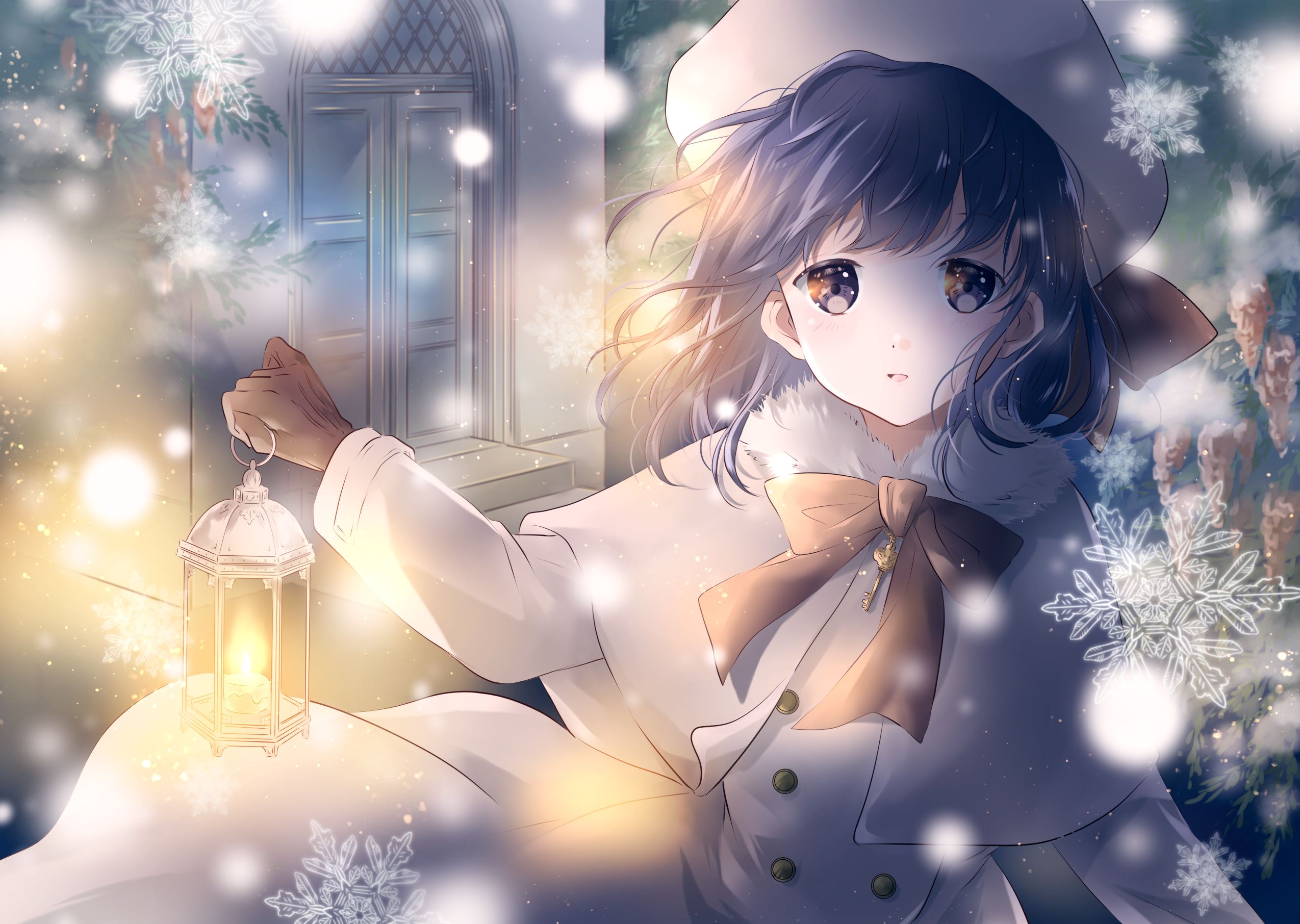 Desktop wallpaper: Anime, Original, Lantern, Snow, Winter 4K free download for PC. 972740