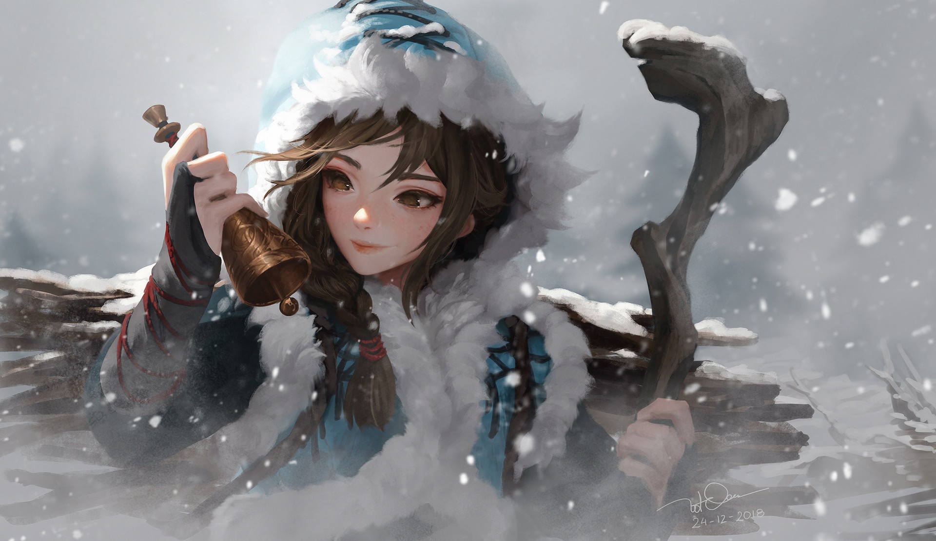Wallpaper winter, snow, Blizzard, bells, snow, Knife Le In, artyu anime for mobile and desktop, section арт, resolution 1920x1109