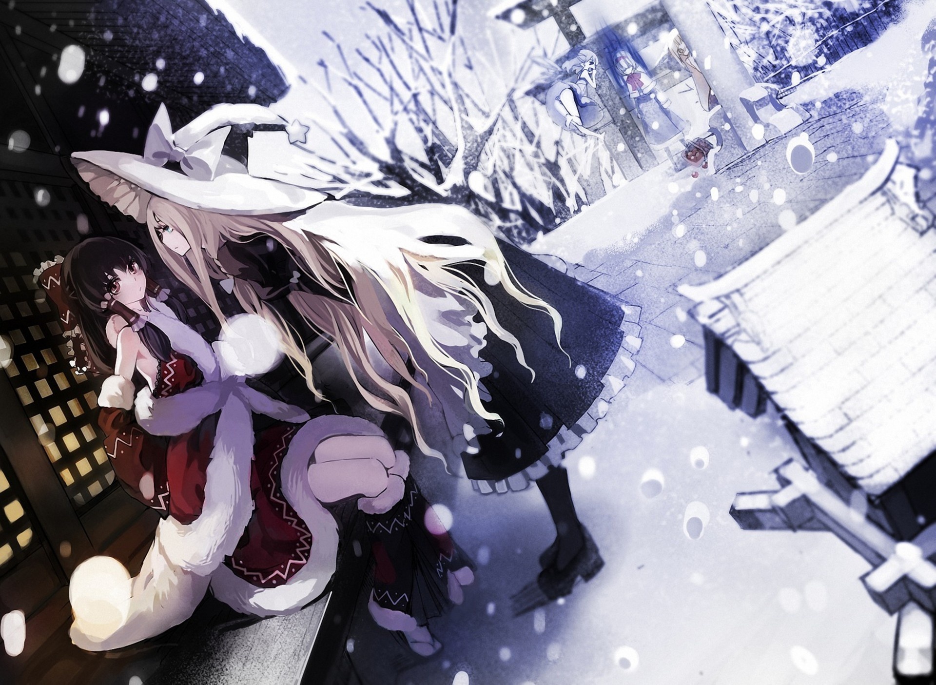Wallpaper winter, girl, snow, home, hat, art, touhou, kirisame marisa for mobile and desktop, section аниме, resolution 1920x1405
