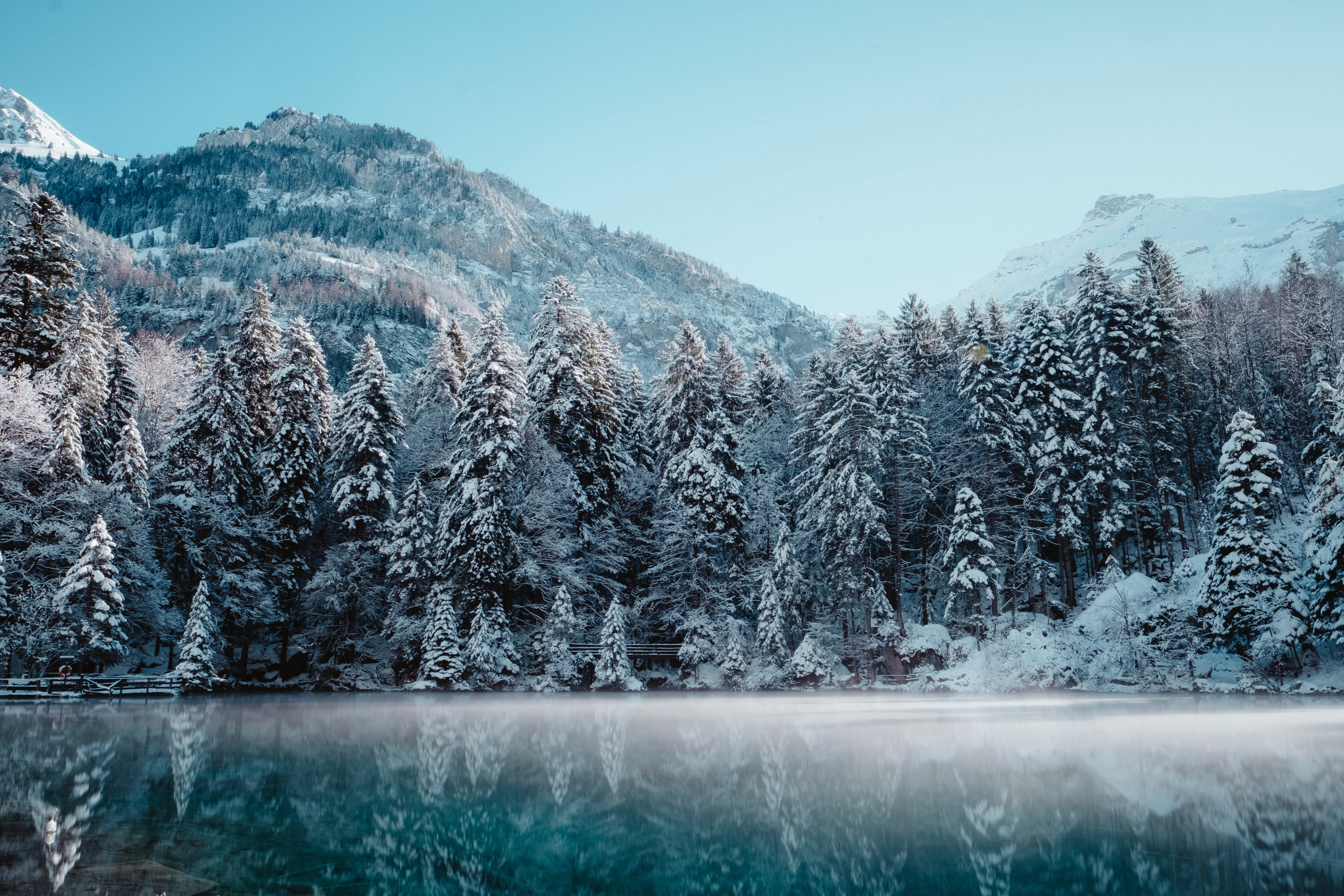 Snow mountains Wallpaper 4K, Glacier, Frozen, Mist, Lake