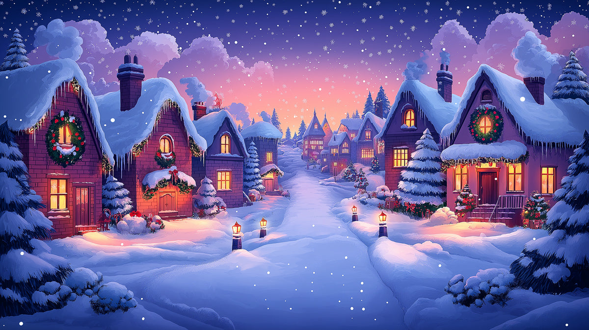 Enchanting Snow Covered Village At Twilight Mural Wallpaper. Festive Winter Scene