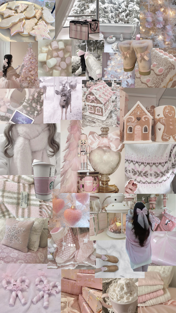 Cozy Blush Winter Christmas Aesthetic Collage iPhone Wallpaper