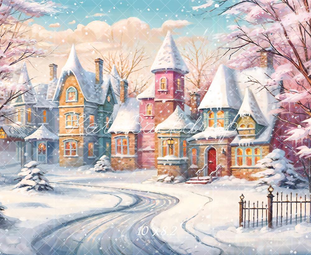 Kate Christmas Outdoor Pink Flower Tree Colorful House Backdrop Designed