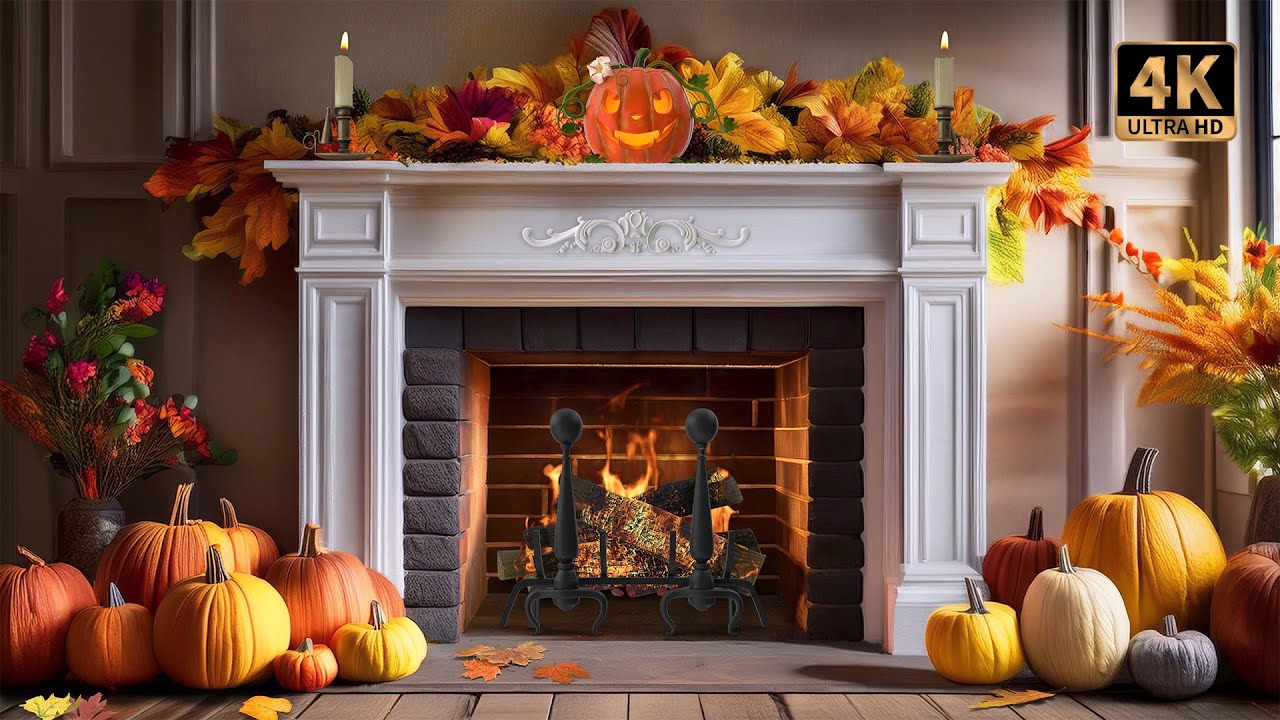Festive Fall Fireplace Ambience with Pumpkins, Autumn Leaves & Crackling FireK