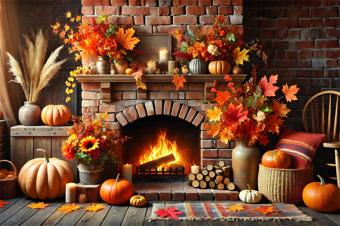 Fall Brick Fireplace Pumpkins Fall Leaves Backdrop RR7 305
