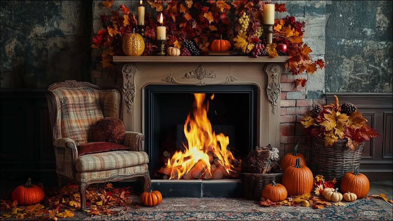Thanksgiving Fireplace Ambience. Warm Fire Crackling