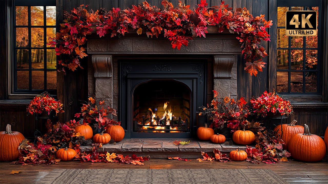 Fall Fireplace Ambience with Crackling Fire, Autumn Leaves, Cozy Decor & Fall FoliageK