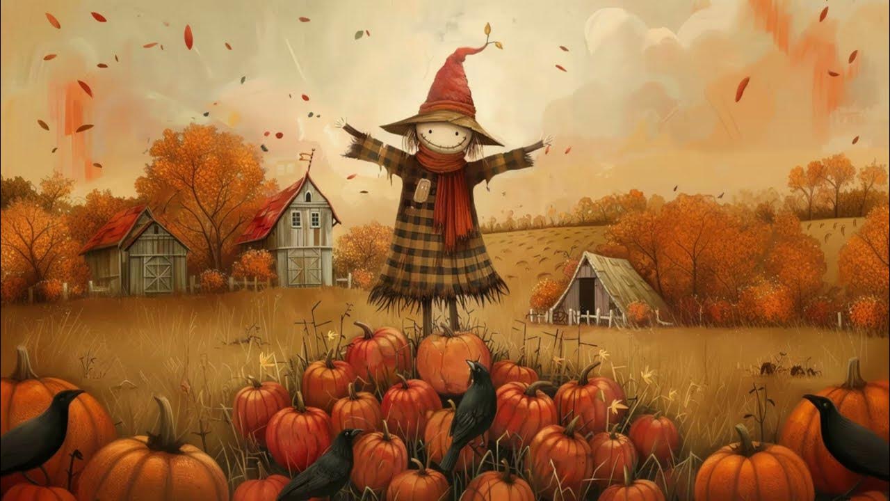 Autumn Scarecrow Screensaver: Cozy Fall Farm Scene with Pumpkins and Crisp Leaves Tv Art