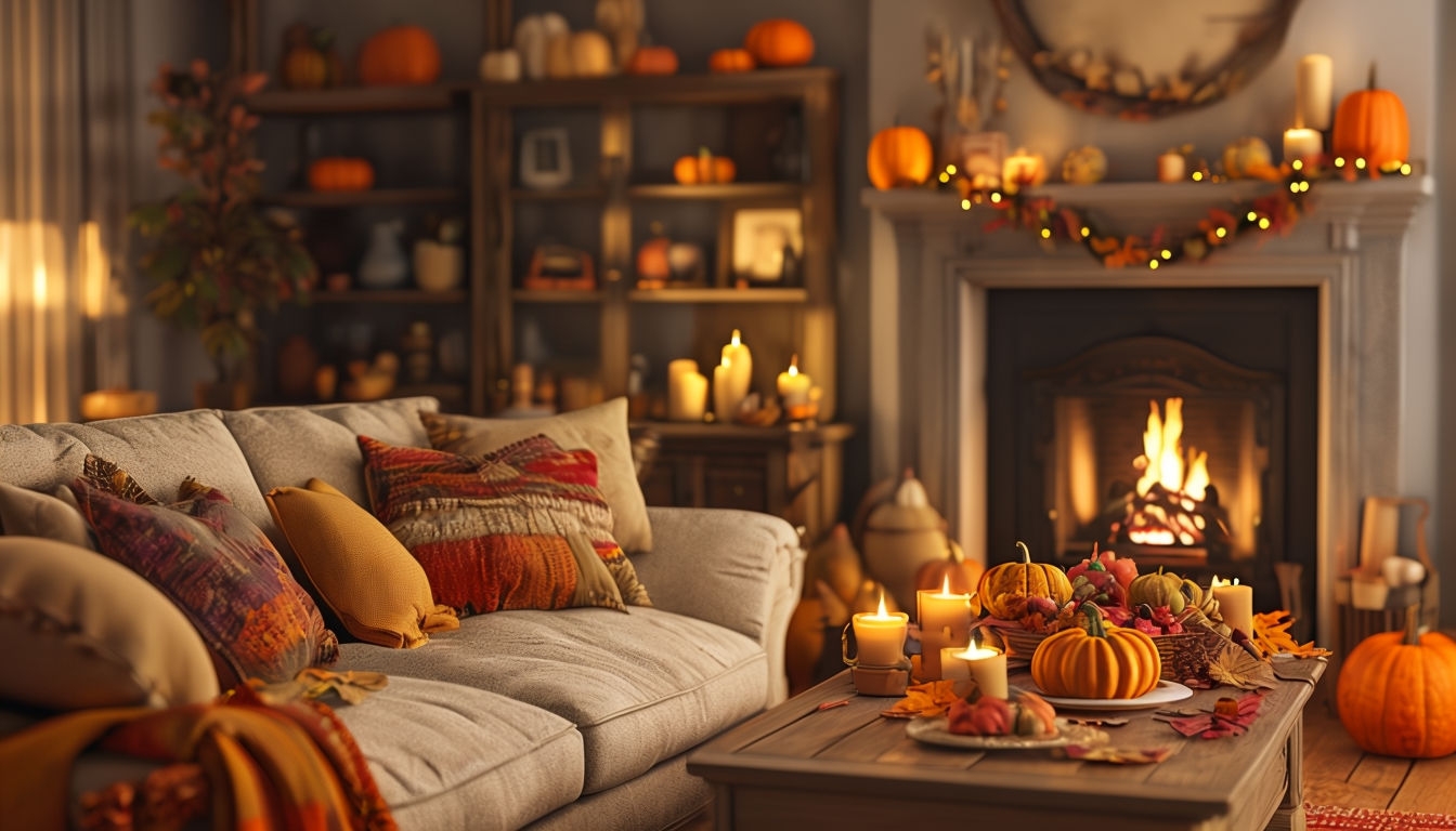 Free and customizeable background of a cozy living room and fireplace