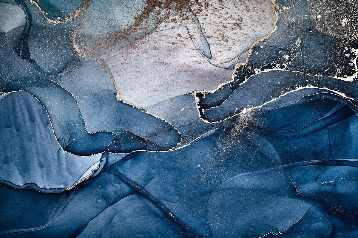 Abstract Blue Gold Ink Wave Wall Mural