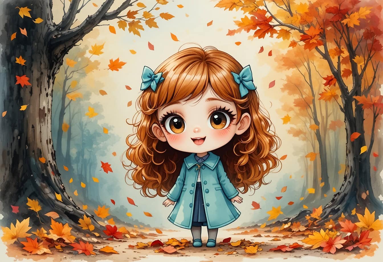 Free picture: Anime cartoon in Chibi style, illustration of a cute little girl standing in a forest in autumn setting