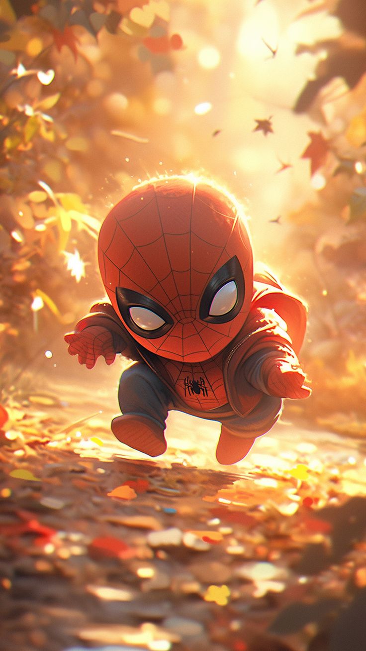 Chibi Spiderman Autumn Wallpaper 4K