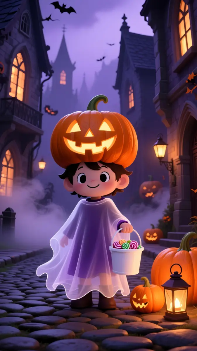 Cute Chibi Ghost Trick Or Treating Wallpaper