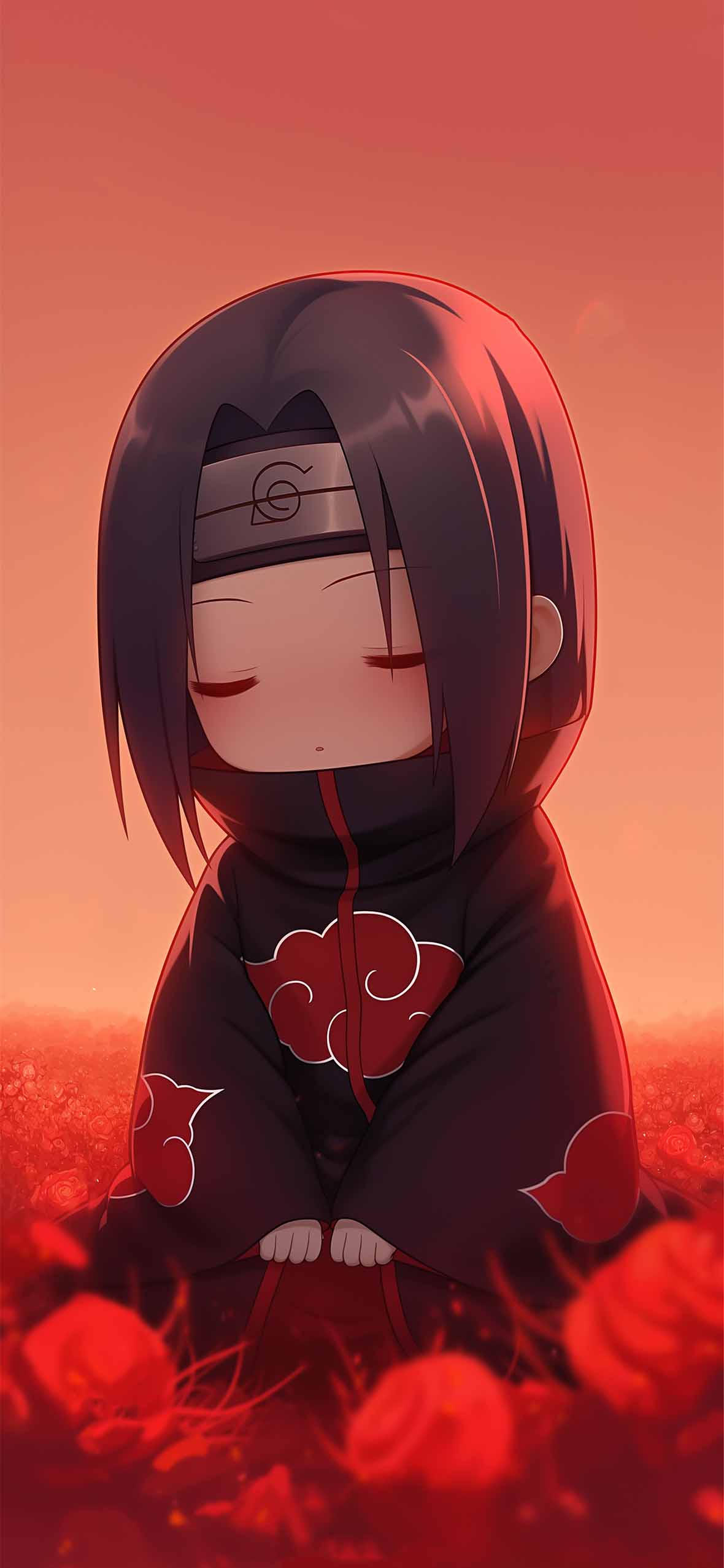 Melancholic Chibi Itachi Red Flower Field Wallpaper