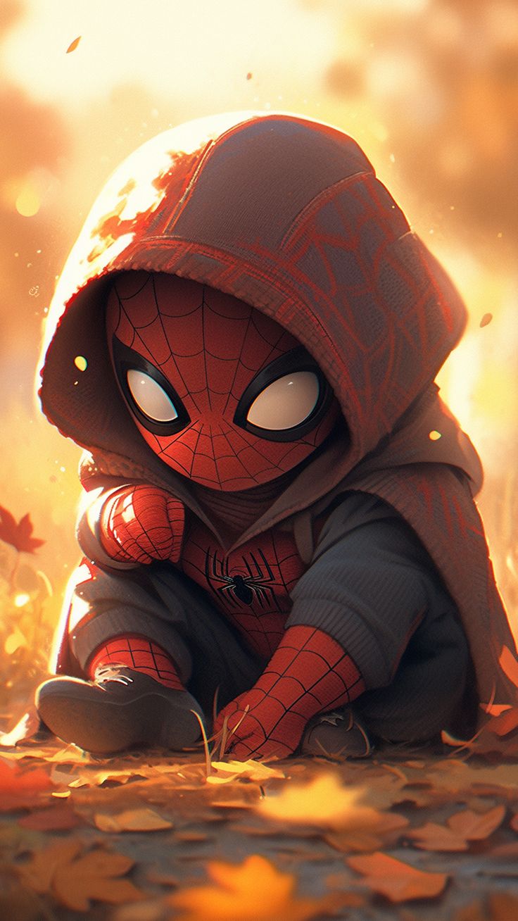 Chibi Spiderman Autumn Wallpaper 4K