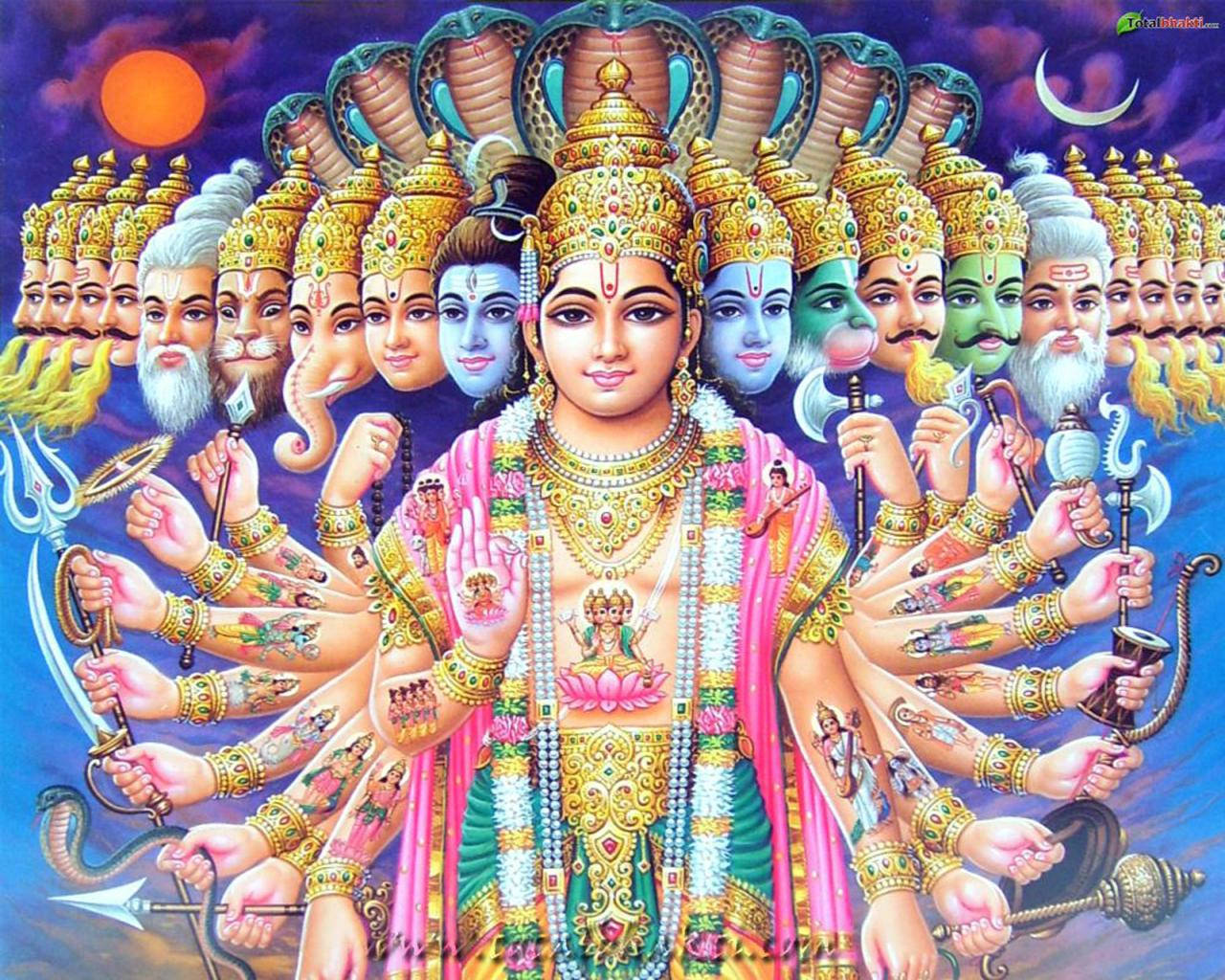 Download All Hindu Gods Pantheon with Shiva in Foreground Wallpaper
