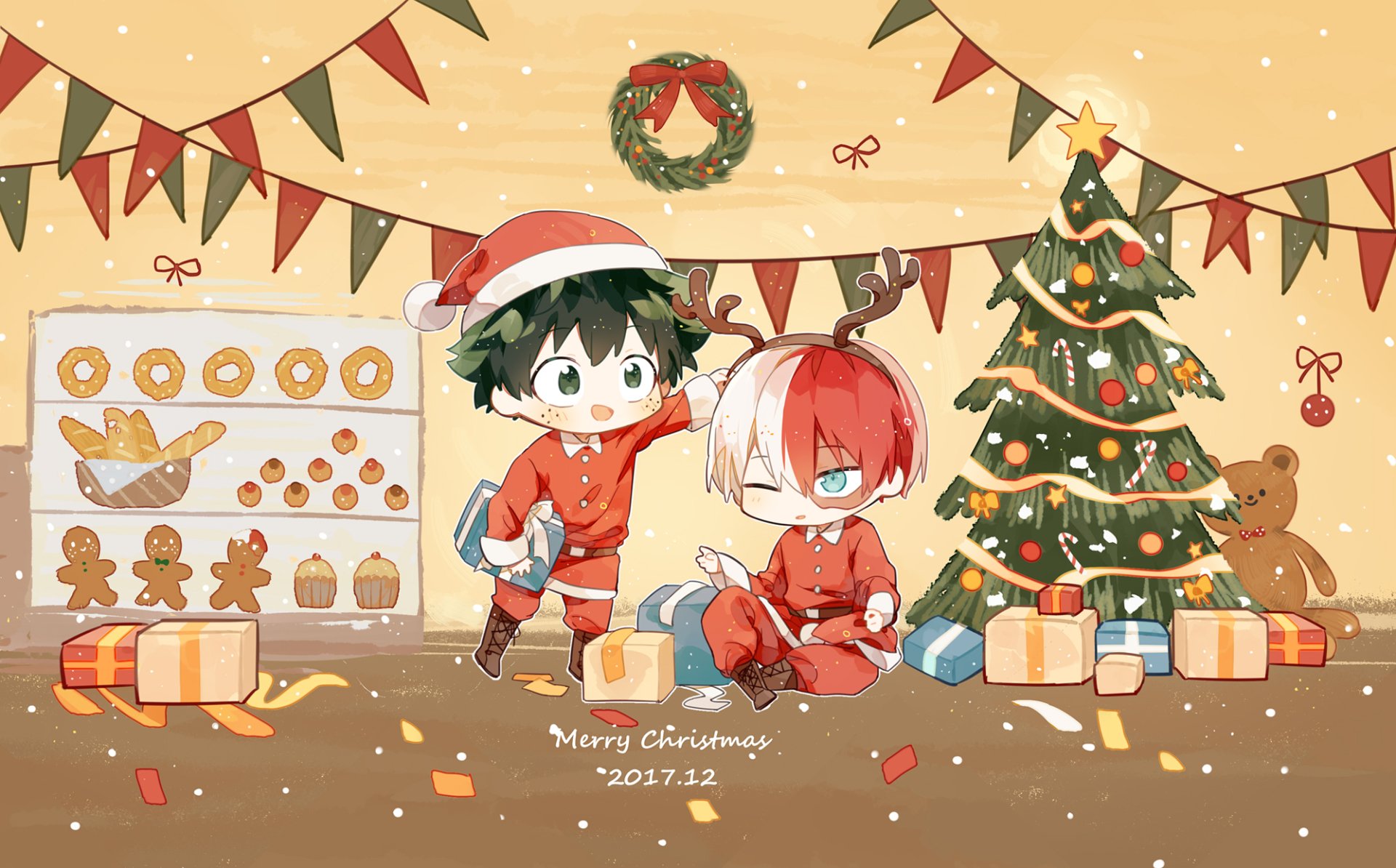 My Hero Academia Xmas Cheer: Todoroki & Midoriya Holiday HD Wallpaper