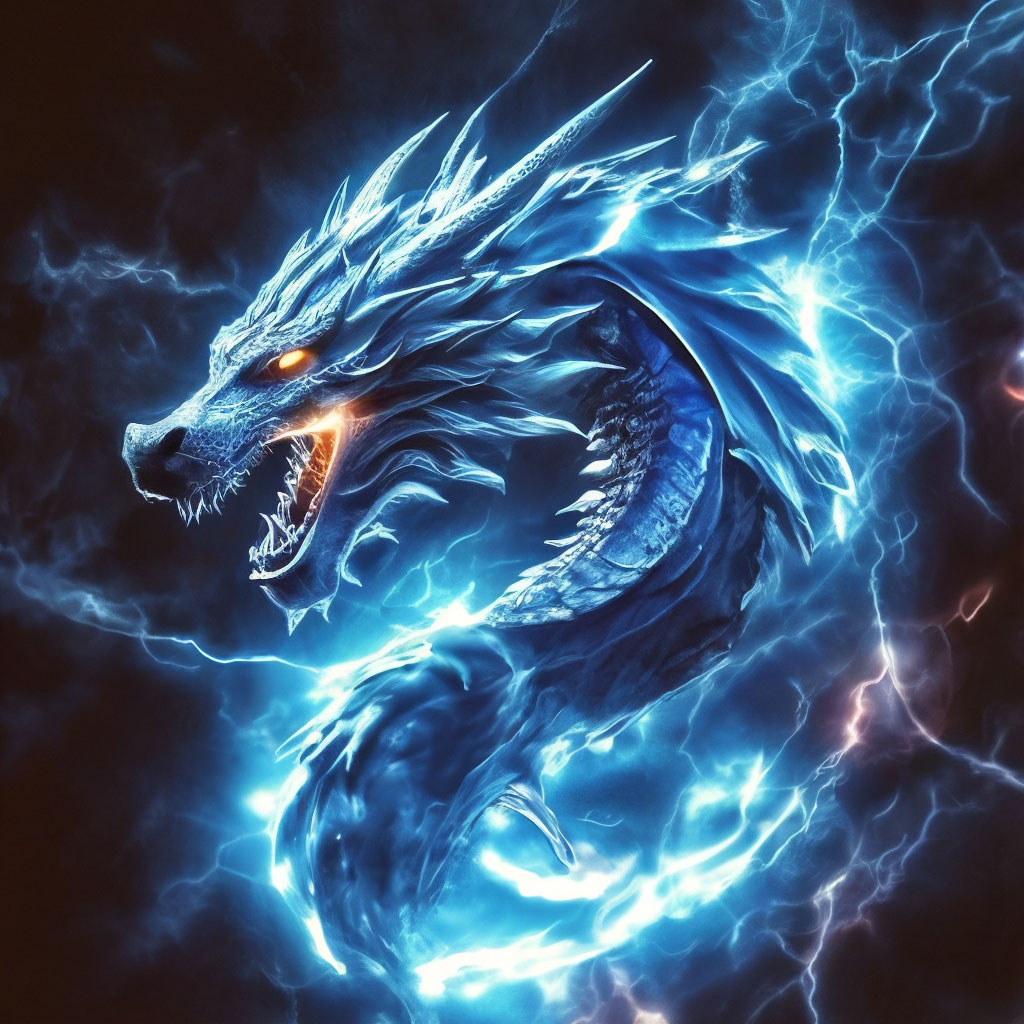 The blue dragon symbol on a black background. a blue aura emanating from him. blue lightning and sparks are