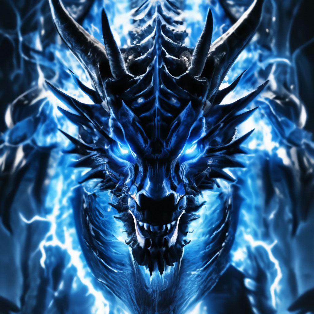 The blue dragon symbol on a black background. a blue aura emanating from him