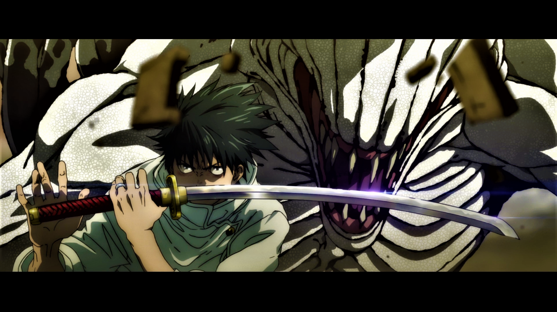 creature, Jujutsu Kaisen, Yuta Okkotsu, demon, demon face, sword, katana, angry, teeth, uniform, anime, anime screenshot, anime boysx1077 Wallpaper